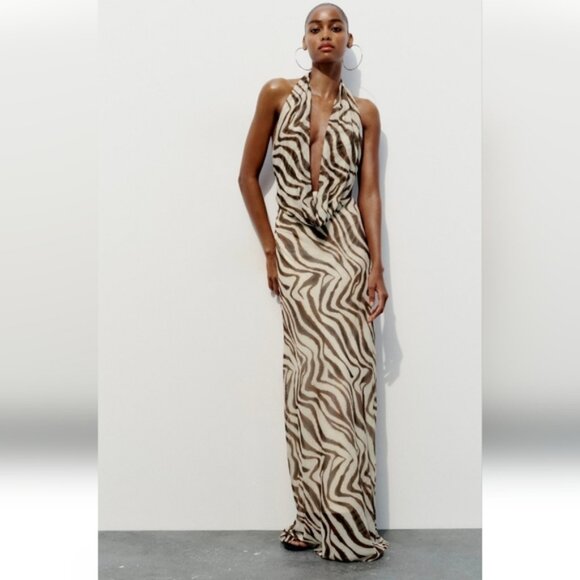 ZARA PRINTED TULLE HALTER DRESS - Picture 2 of 9